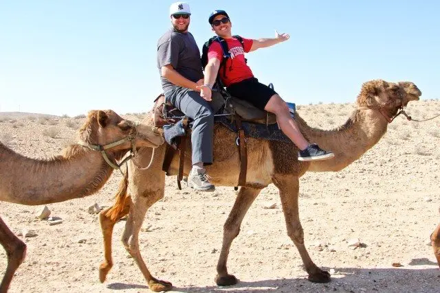 Two people ride camels across a vast desert landscape. Wearing casual clothing, hats, and sunglasses, they smile, clearly enjoying the moment as their camels leisurely traverse the sandy terrain under a clear blue sky.