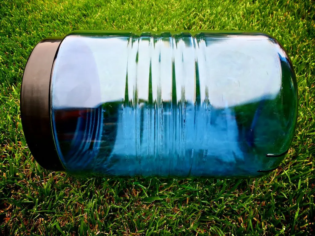 A large blue bear canister with a black lid lies on its side on vibrant green grass. The translucent container reveals the texture and color contrasts between the grass and itself, blending nature with practicality.