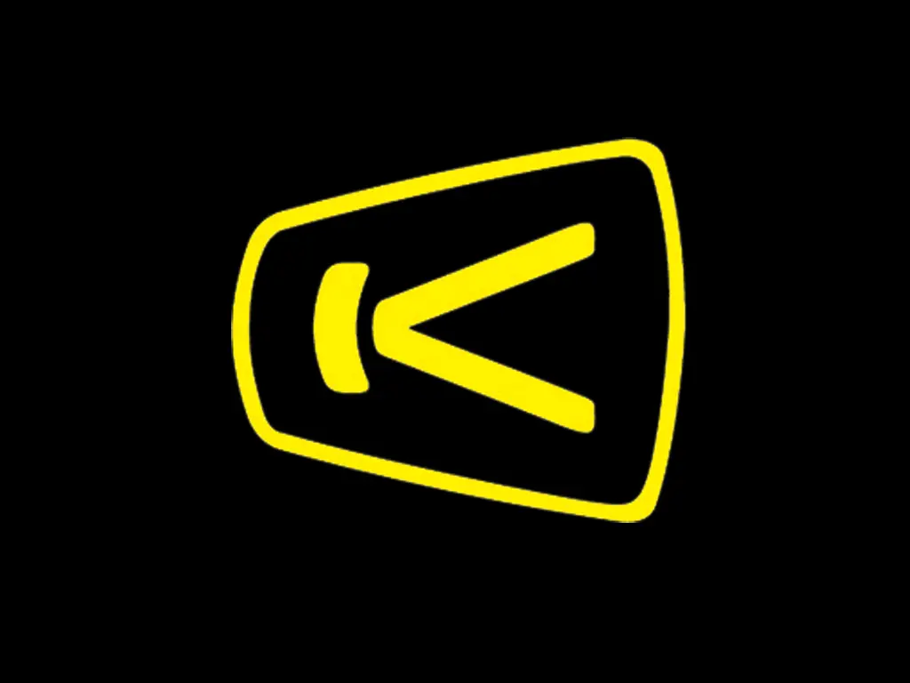 A black background showcases a bold, stylized letter K in yellow, encapsulated within a tilted, triangular frame. The K exhibits a keen, modern geometric design with sharp angles and lines that give it a futuristic look.