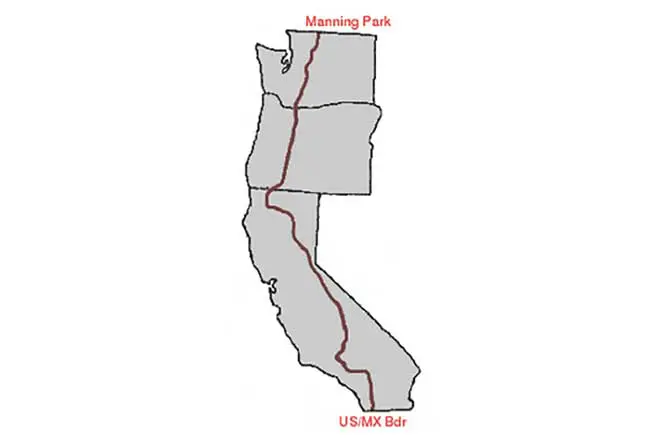 Map outline depicting the Pacific Crest Trail, crafted with insights from Craigs PCT Planner, running from the US-Mexico border to Manning Park. The trail gracefully weaves through California, Oregon, and Washington.