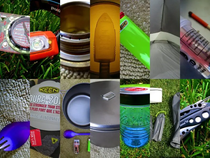 Collage of camping gear on grass, showcasing a comprehensive gear list: compass, can lid, lighter, tent corner, waterproof bottle, shoe box, frying pan, sealed tin, pocket knife, spork, clip, and knife sheath. Each item is photographed up close with varied lighting.