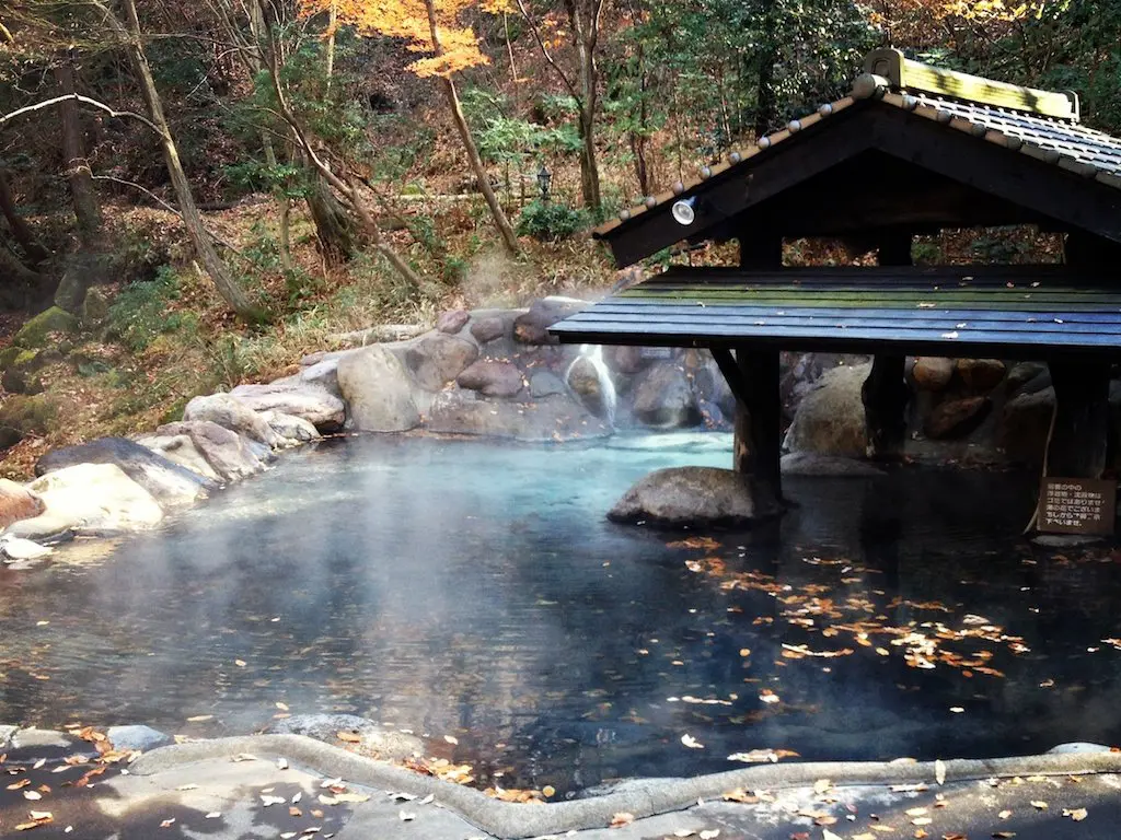 A steamy onsen bath nestled in a forested area offers tranquility. Partially sheltered by a wooden canopy and surrounded by natural rocks, fallen leaves float on the waters surface, while trees with vibrant autumn foliage frame the serene scene.