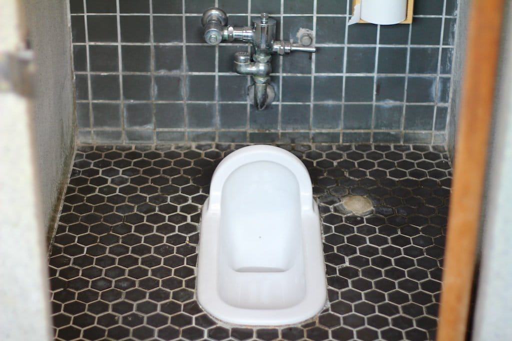 A sleek squat toilet is installed on a black hexagonal tiled floor, with gray square tiles adorning the wall behind it. A metal flush valve hangs above, reminiscent of high-tech Japanese toilets, and a toilet paper holder peeks in from the right.