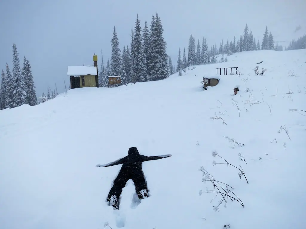 A person lies face-down in the Washington snow, arms and legs spread, their dark clothing contrasting against the white landscape. Snow-laden trees and a small cabin stand quietly in the background under a moody, cloudy sky.