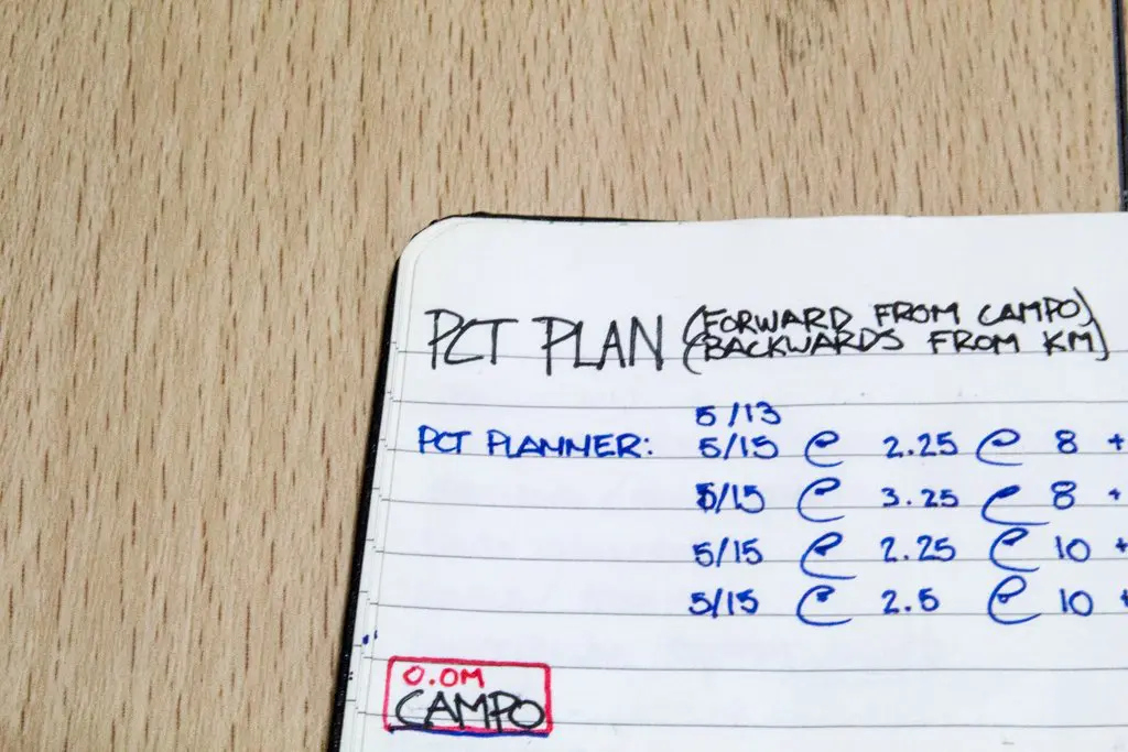 A notebook page titled PCT Plan details the Pacific Crest Trail with dates, times, distances, and symbols in blue ink. The page rests on a light wooden surface. A small red-marked section reads 0.0 Campo.