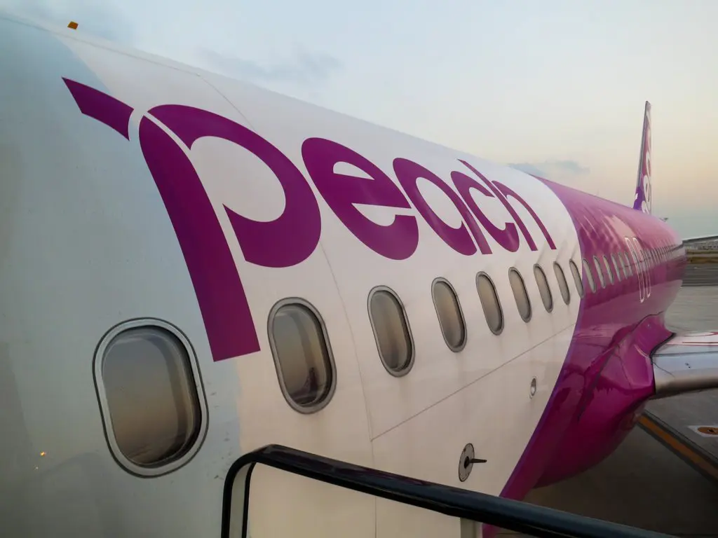 A close-up captures a peach and white airplane with peach elegantly scripted in purple on its side, parked confidently at the airport.