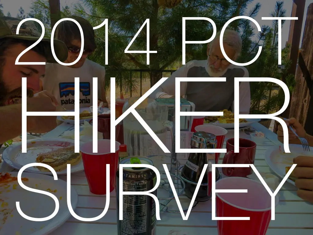 Four people gather at an outdoor table laden with food and drinks, enjoying the moment. The scene is framed by bold text reading 2014 PCT Hiker Survey, hinting at their shared adventure on the Pacific Crest Trail. Red cups and a soda can add a casual touch, with trees quietly observing in the background.
