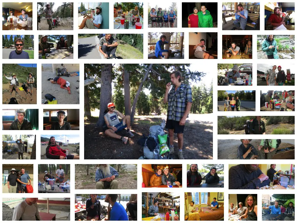 Collage of various outdoor and indoor activities featuring the Class of 2014 hiking, camping, eating, and relaxing. The images depict individuals and groups enjoying nature along the PCT in diverse settings like forests, mountains, and cabins.