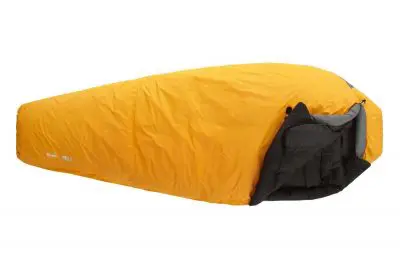 A bright yellow Mountain Hardwear Wraith sleeping bag with a tapered design and a black interior. Fully zipped and displayed on a white background, its compact, insulated design suggests its perfect for camping and outdoor adventures.