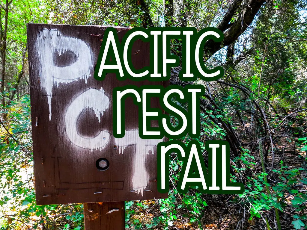 A wooden sign, partially hidden by foliage, reveals the letters PC in white paint beneath bold text reading PACIFIC CREST TRAIL. Sunlight dances through the trees, illuminating the lush greenery of this renowned hiking path.