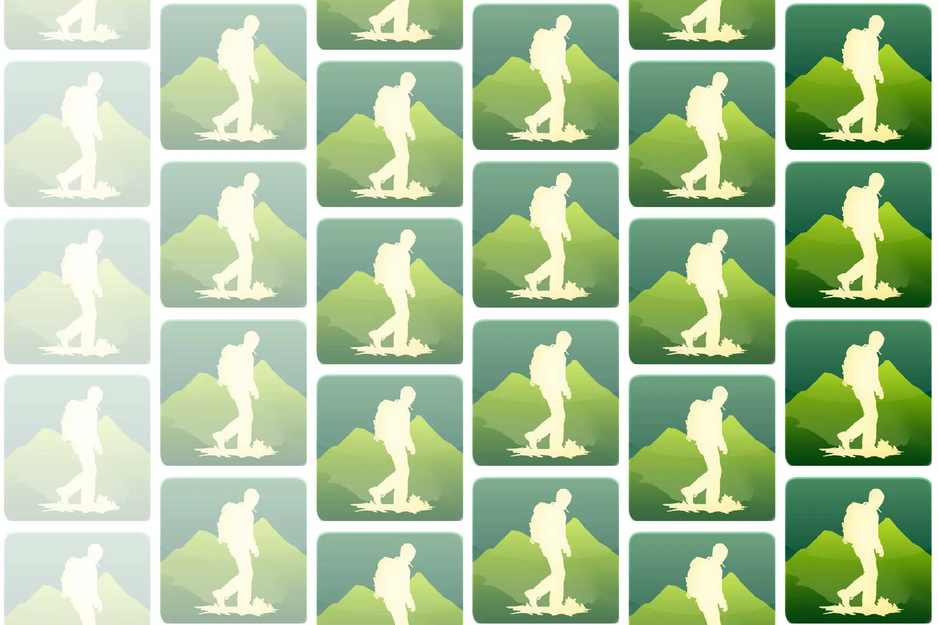 A repeating pattern of silhouetted hikers with backpacks evokes the adventurous spirit of Halfmiles PCT app, as they traverse green mountain shapes on a gradient background transitioning from light to dark green.