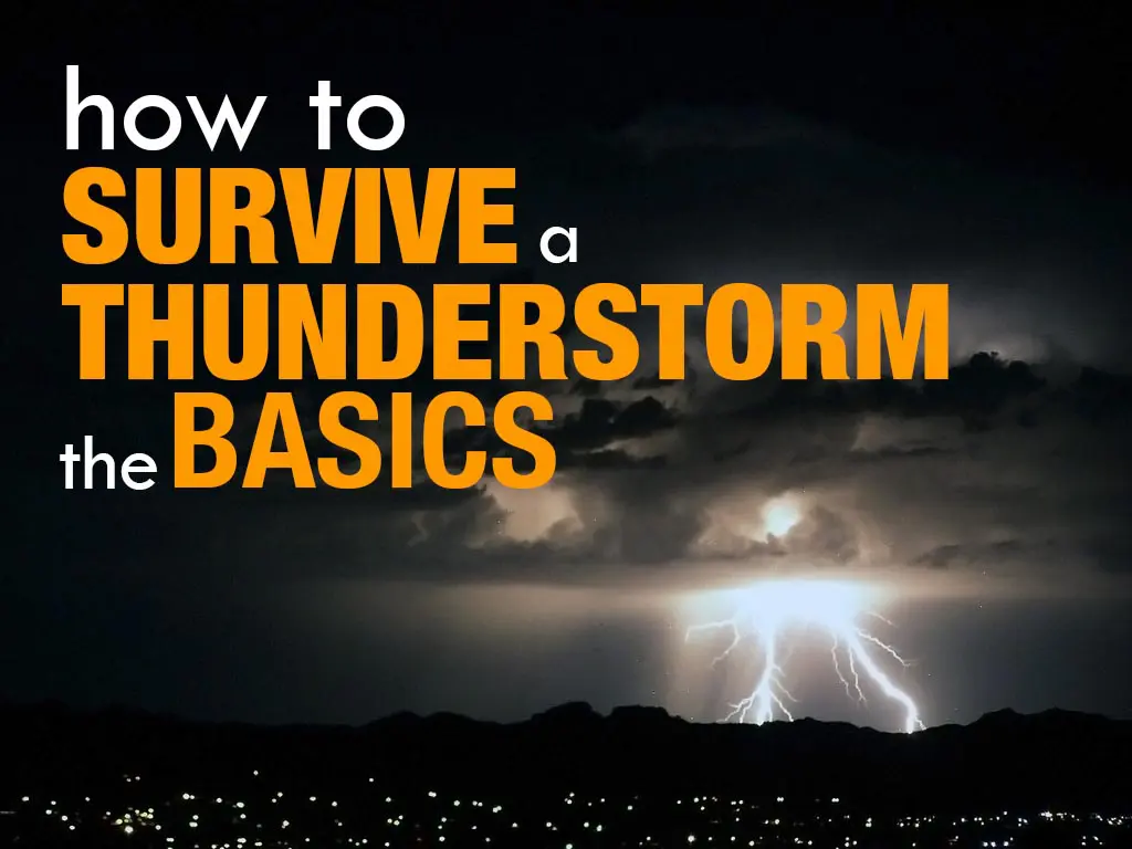 A dark sky lit by a bright lightning strike illuminates the silhouetted landscape. Large text reads, Survive a Thunderstorm: The Basics.