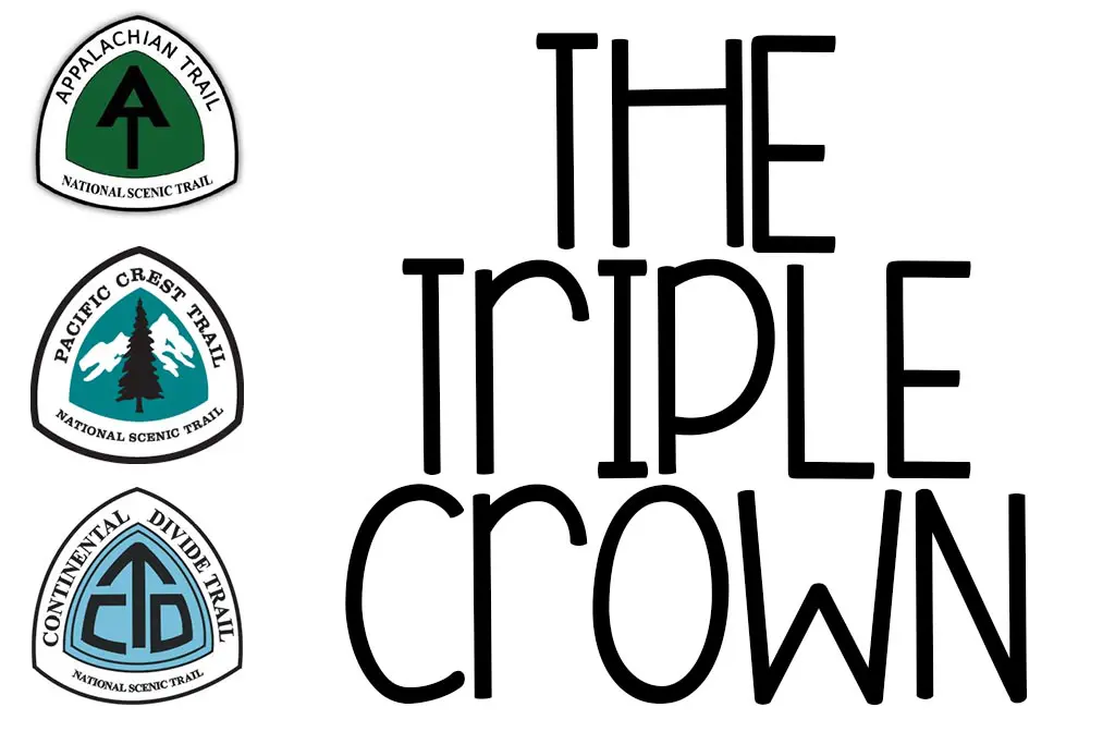 Three trail logos are displayed vertically next to the text The Triple Crown. This iconic trio represents the Appalachian Trail, Pacific Crest Trail, and Continental Divide Trail.