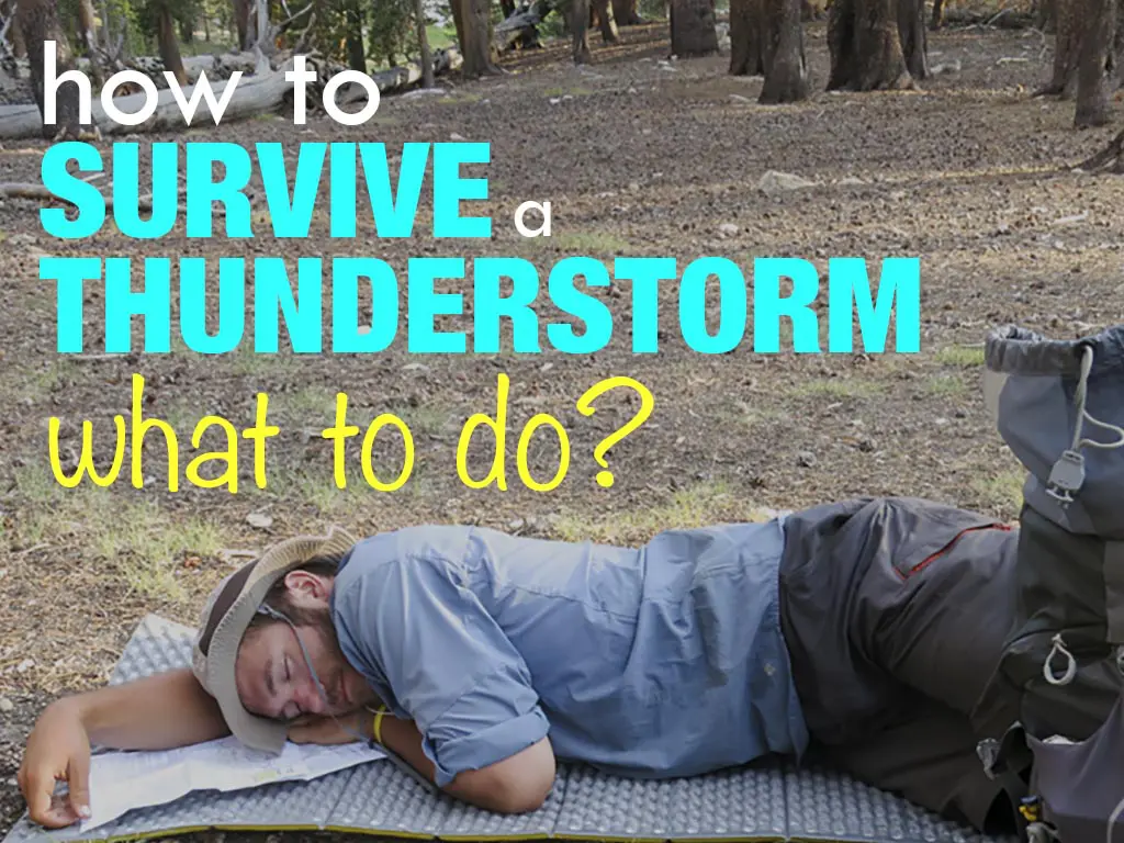A person in outdoor clothing and a hat lies on a sleeping pad in the forest, facing natures fury. Text on the image asks, how to SURVIVE a THUNDERSTORM what to do? A sturdy backpack sits ready nearby, as lightning crackles ominously overhead.