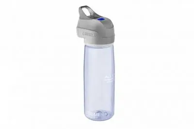 The CamelBak All Clear reusable water bottle boasts a gray flip-top lid and integrated handle. It features measurement markings and a blue button on the lid, all set against a plain white background for a sleek, modern look.