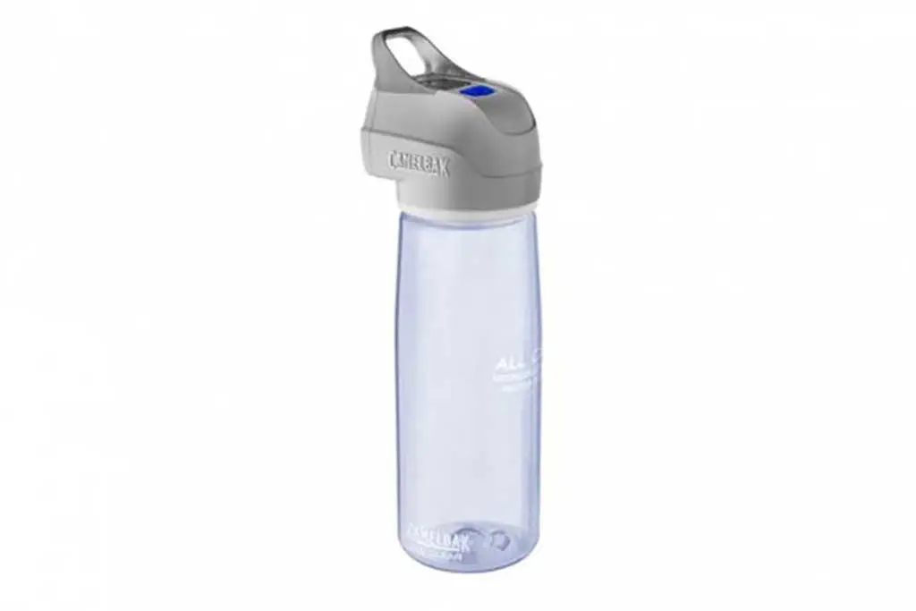 The CamelBak All Clear reusable water bottle boasts a gray flip-top lid and integrated handle. It features measurement markings and a blue button on the lid, all set against a plain white background for a sleek, modern look.