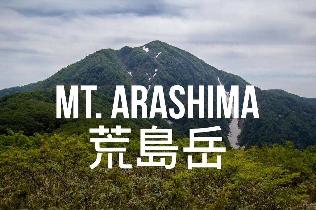 A lush green mountain rises under a cloudy sky, reminiscent of the breathtaking peaks of Mount Tate. Large, bold text over the image reads Mt. Arashima with Japanese characters beneath. The foreground boasts dense vegetation, enhancing its majestic allure.
