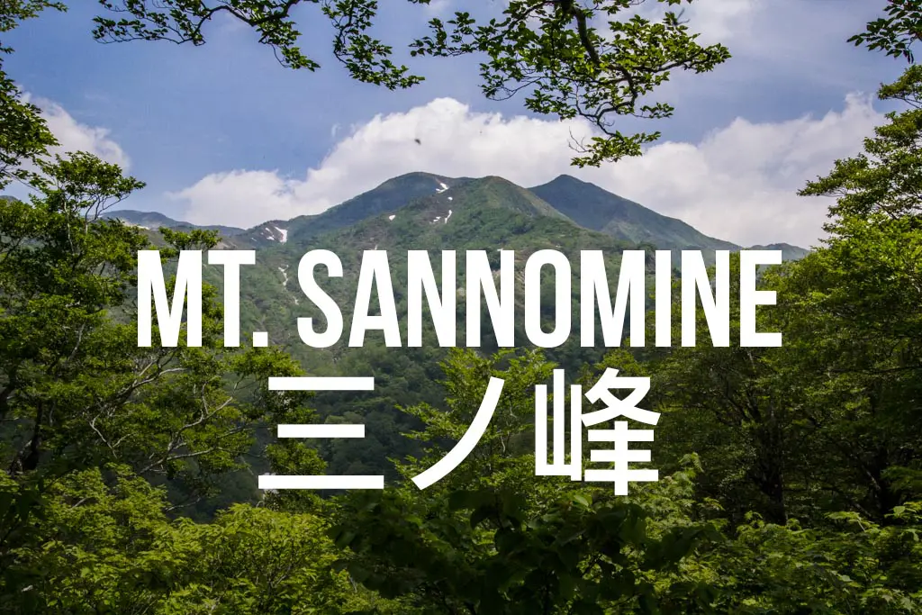 Lush green trees in the foreground lead to a scenic mountain landscape, where Mount Sannomine stands majestically against a backdrop of blue sky and clouds. Nearby, the peaks of Mount Tate add to the stunning vista. Text over the image reads Mt. Sannomine in English and Japanese.