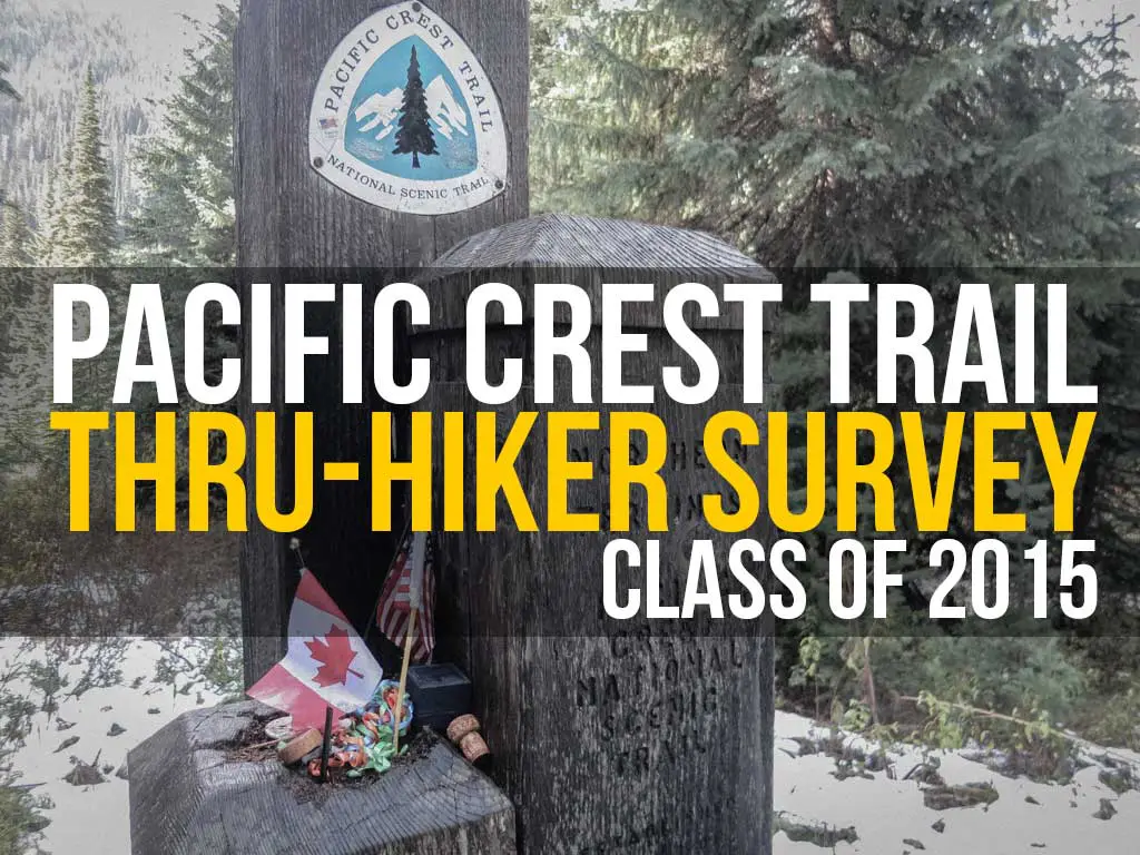 A wooden signpost with the Pacific Crest Trail logo stands in a forest setting, featuring text: Pacific Crest Trail Thru-Hiker Survey Class of 2015. A small Canadian flag and other items adorn the base, celebrating trail memories.