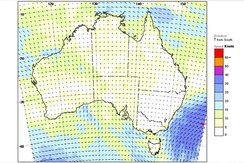 Weather map of Australia for Day 32 of the Australia Bike Tour, showing wind patterns with arrows indicating direction and colors representing speed in knots. Speed ranges from 0 (light blue) to over 60 knots (red), with a headwind off the southeastern coast.