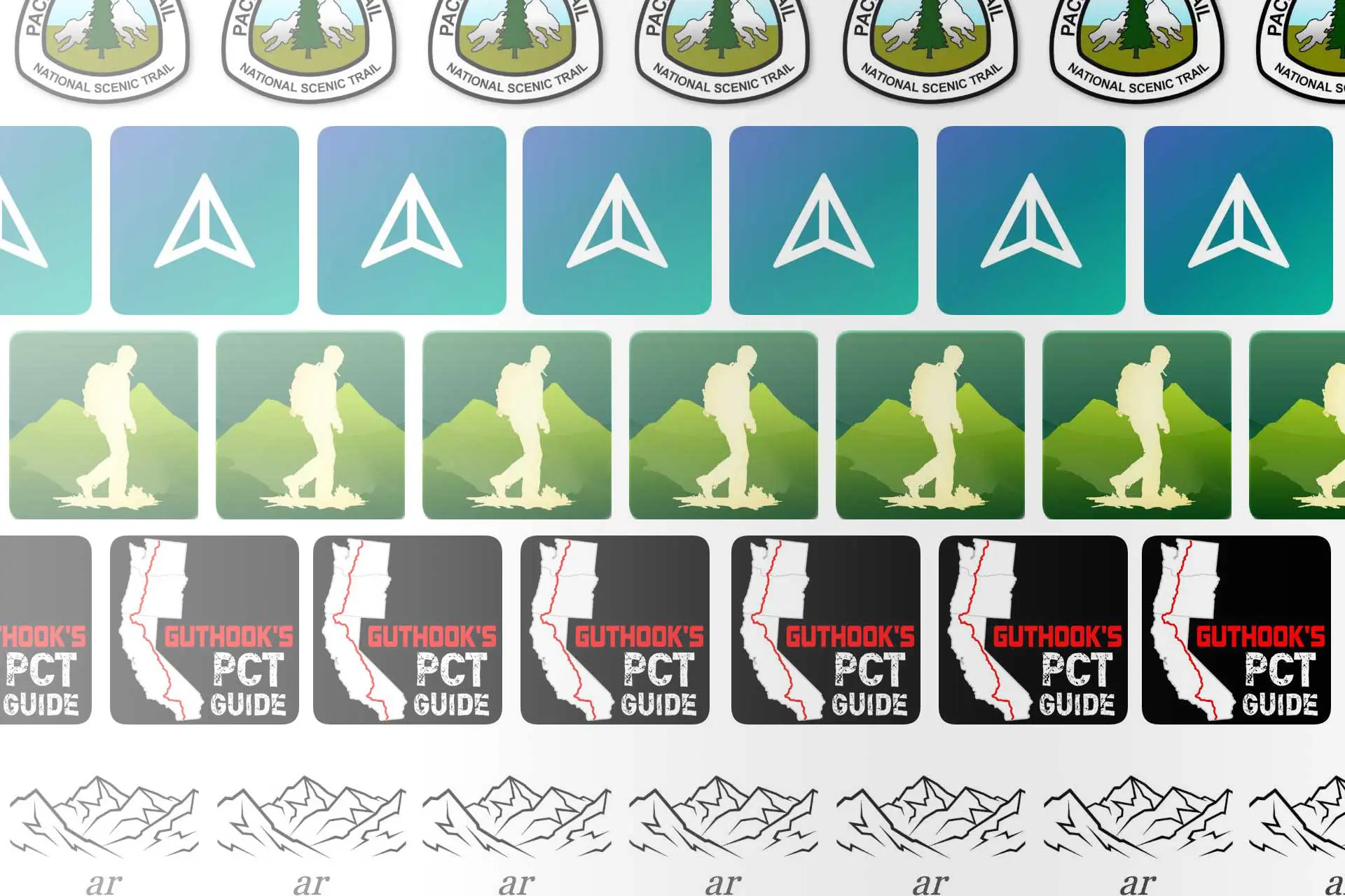 A grid of stickers showcases diverse hiking and trail logos. It features National Scenic Trail emblems, a hiker silhouette on a mountain, and labels like Guthooks PCT Guide. The bottom row highlights mountain outlines with the letters ar, resembling icons seen in popular PCT apps.