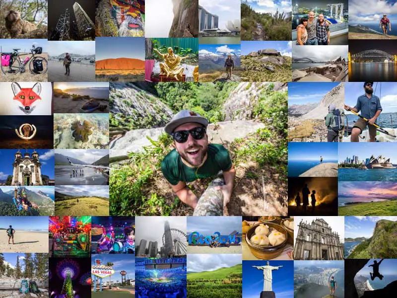 In a vibrant collage, a smiling person stands at the heart of an outdoor scene, encircled by snapshots from travels in 2016. Mountains, beaches, cityscapes, and cultural landmarks paint a picture of adventure and joy.