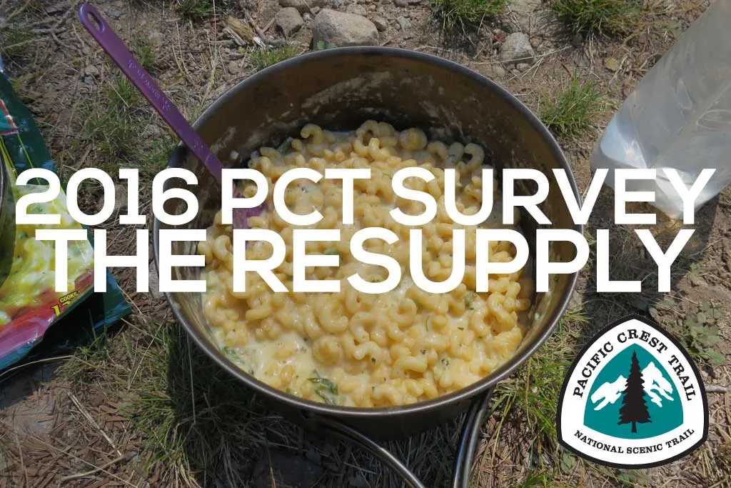 A bowl of macaroni and cheese lies on the ground with a purple fork. Text over the image reads 2016 PCT Survey - The Resupply. The Pacific Crest Trail resupply logo is in the bottom right corner, connecting hikers to their journeys essentials.