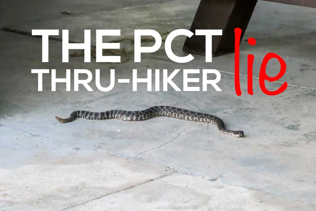 A snake slithers across a concrete surface, with the words The PCT Thru-Hiker Lie boldly overlaid. The word Lie stands out in vivid red, casting doubt on the Pacific Crest Trail journey.