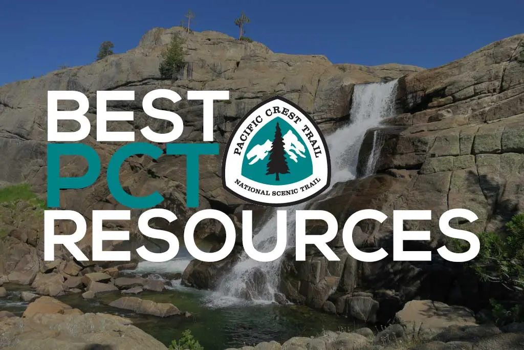 Rocky waterfall backdrop with the text BEST PCT RESOURCES overlaid. A logo for the Pacific Crest Trail National Scenic Trail is featured prominently, showcasing top-notch Pacific Crest Trail resources as the trail winds through majestic mountains.