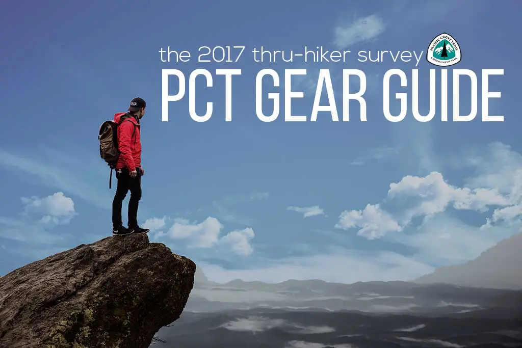 A hiker stands on a rocky cliff, wearing a red jacket and backpack, looking into the distance. The sky is cloudy. Text reads, The 2018 PCT Gear Guide, drawing insights from the Thru-Hiker Survey. A logo appears in the top right corner.