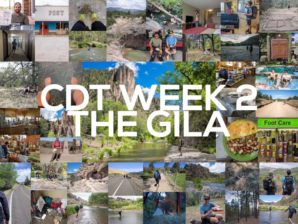 Collage of various outdoor scenes with people hiking, camping, and relaxing. Central text reads CDT Week 2, The Gila. A smaller section highlights a meal and a sign labeled Foot Care.