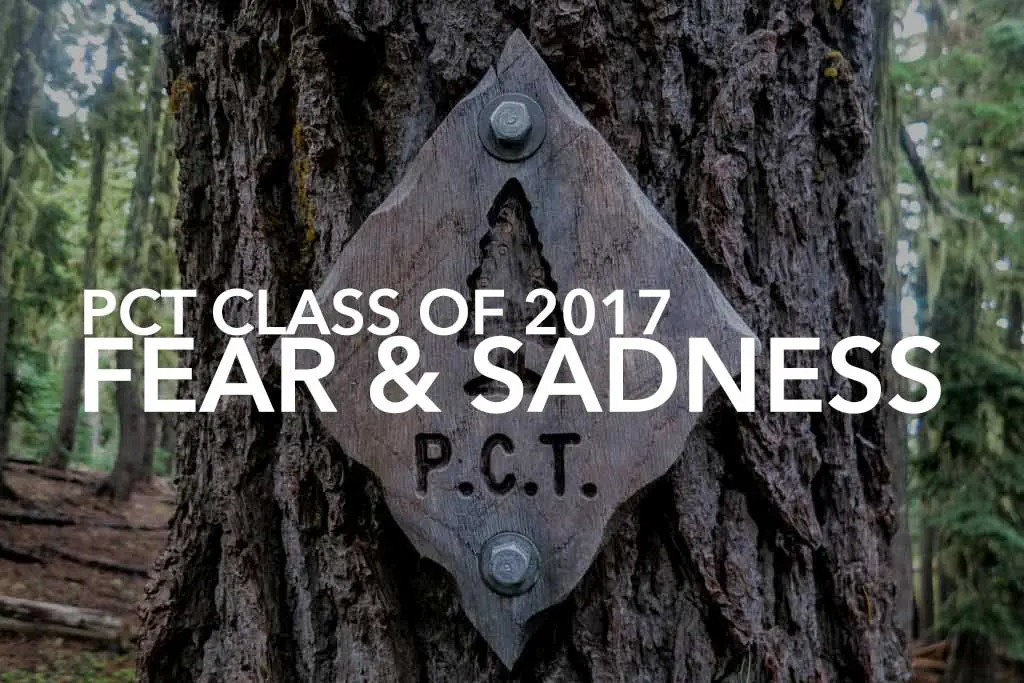 A wooden plaque with the letters P.C.T. is nailed to a tree in a lush forest, marking the Pacific Crest Trail. Overlaying text reads PCT Class of 2017 Fear & Sadness, echoing emotions as timeless as the green trees and foliage surrounding it.