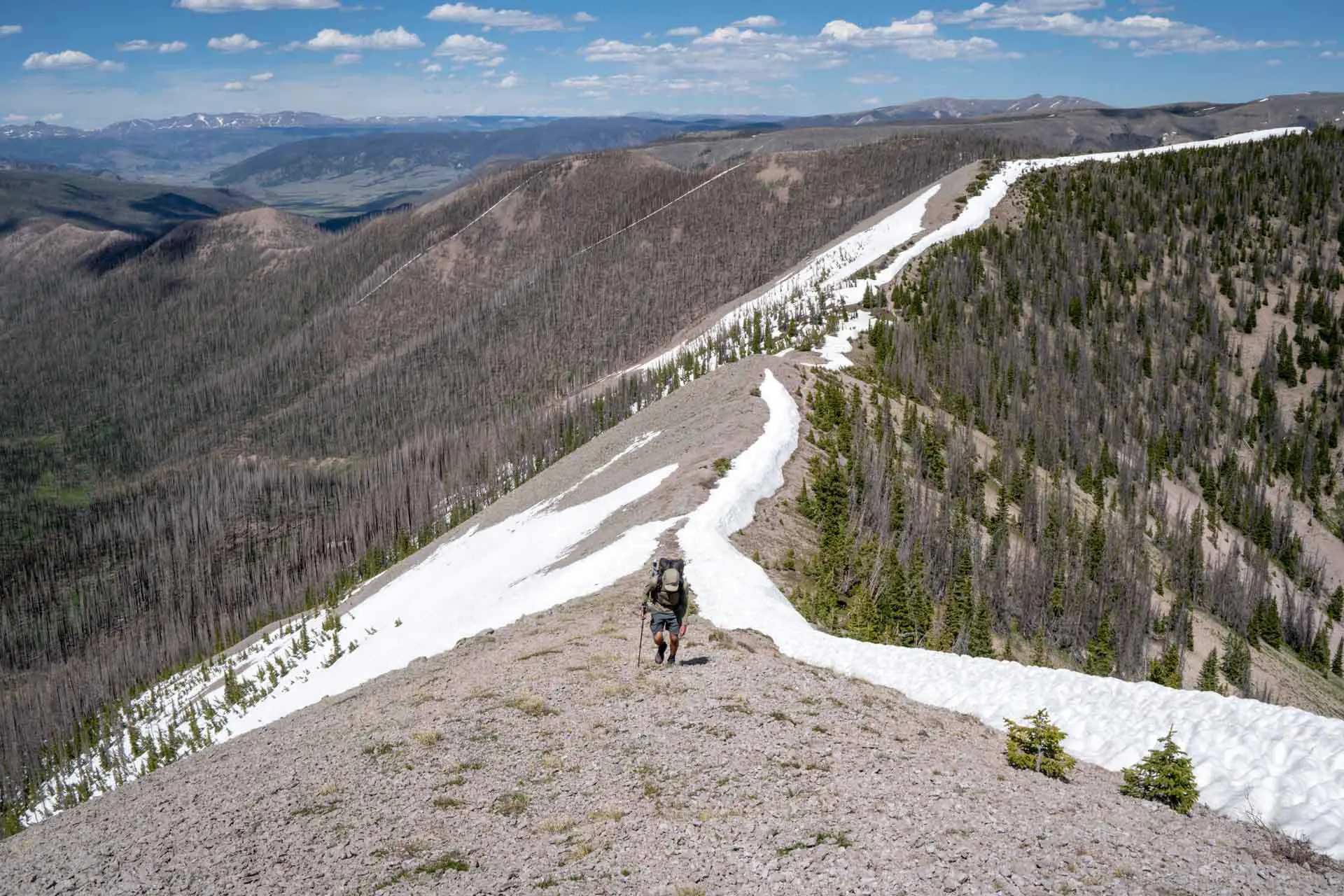 A hiker navigates the narrow, rocky ridge with patches of snow, embraced by the vast San Juan Mountains. Forested valleys stretch beneath a clear blue sky, painting a breathtaking tableau of natures grandeur.