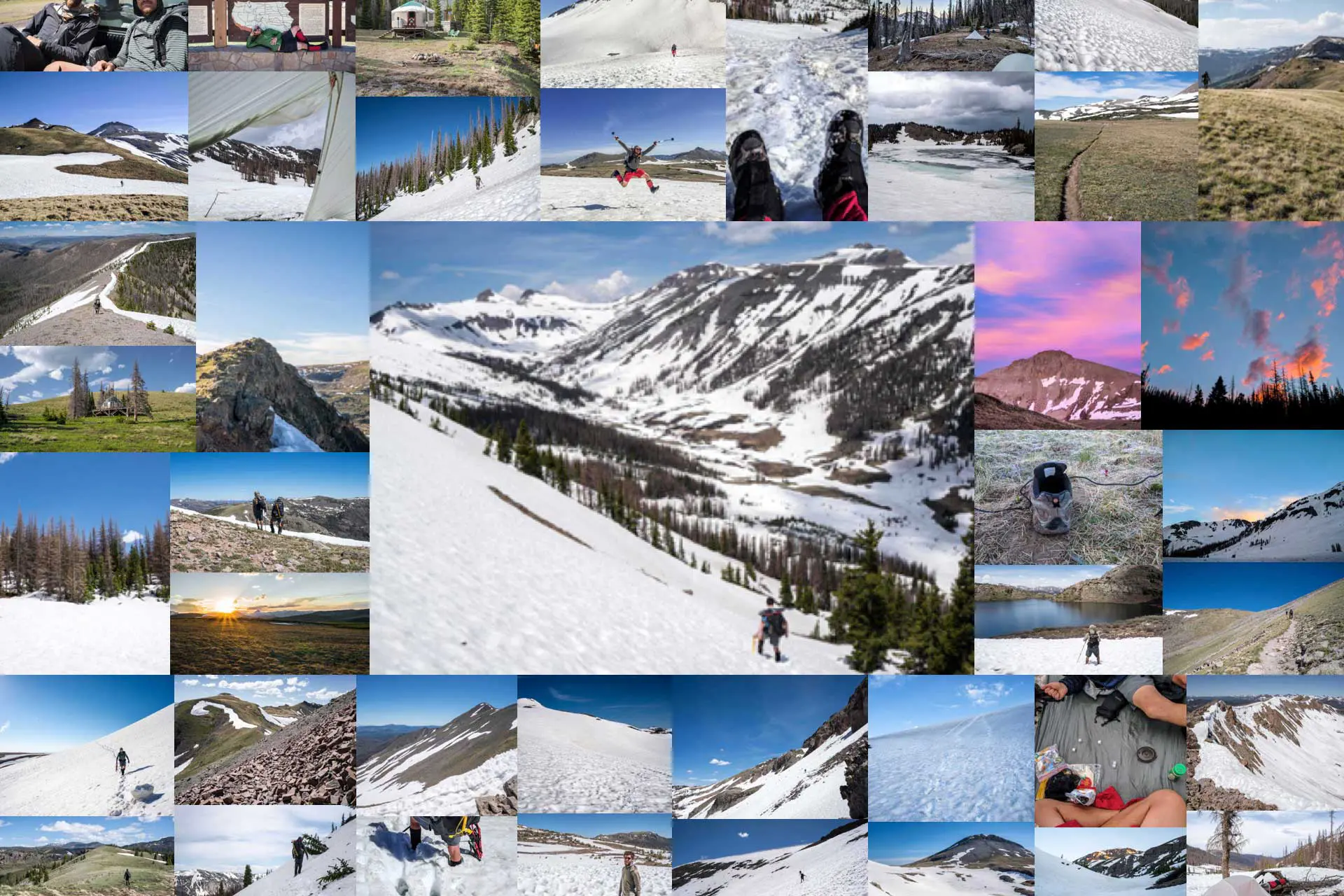 A collage of outdoor scenes, featuring snowy mountains, hiking trails, sunsets, and lakes. The central image showcases the majestic San Juan Mountains with a lone hiker. Surrounding images highlight various views of nature and hiking adventures.