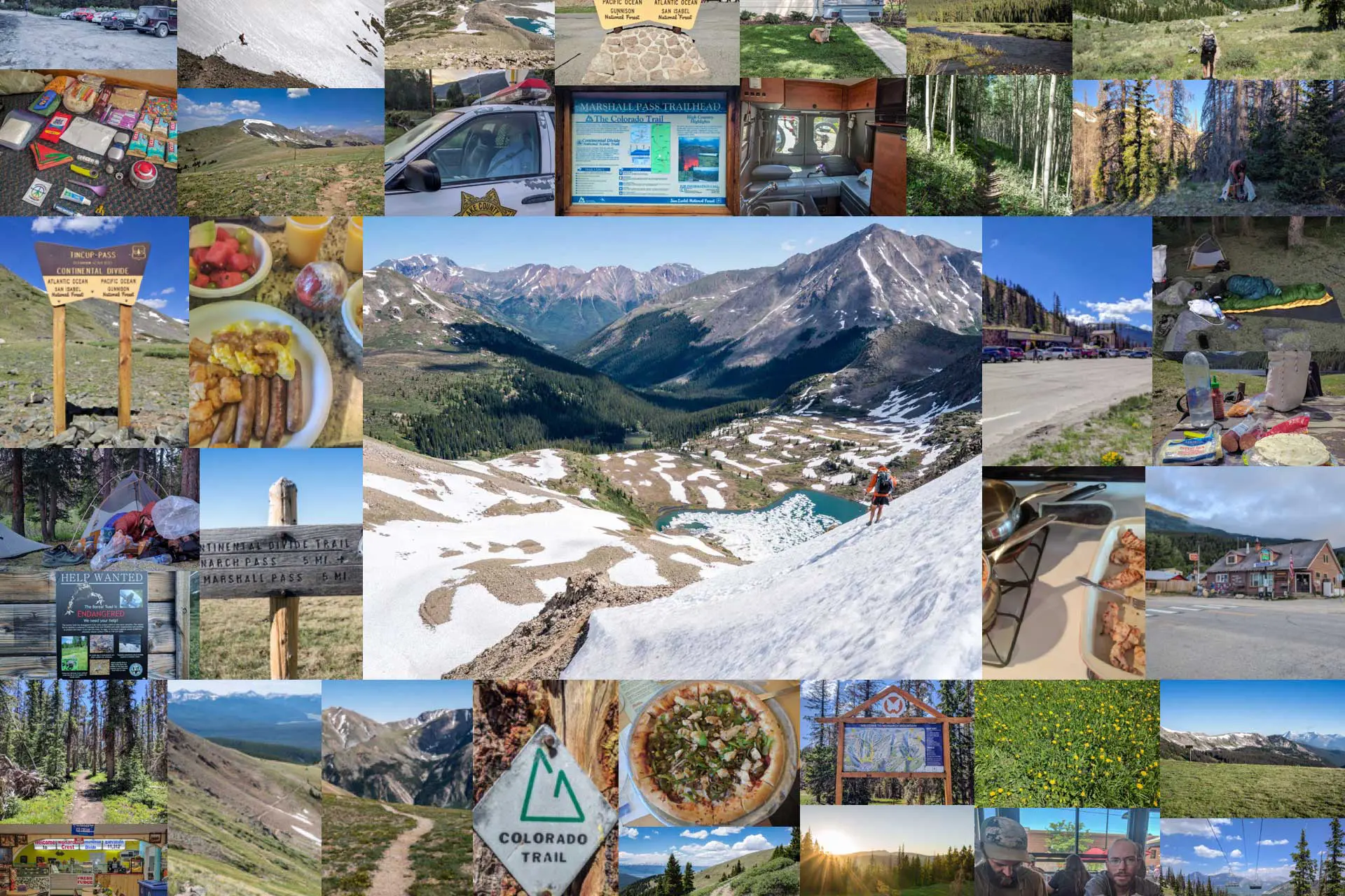A collage of outdoor activities on the Colorado Trail, reminiscent of a CDT Week 9 adventure. Central image: a hiker on a snowy mountain slope, surrounded by diverse scenes like trail signs, campsites, meals, wildlife, and landscapes. The images capture adventure and nature.