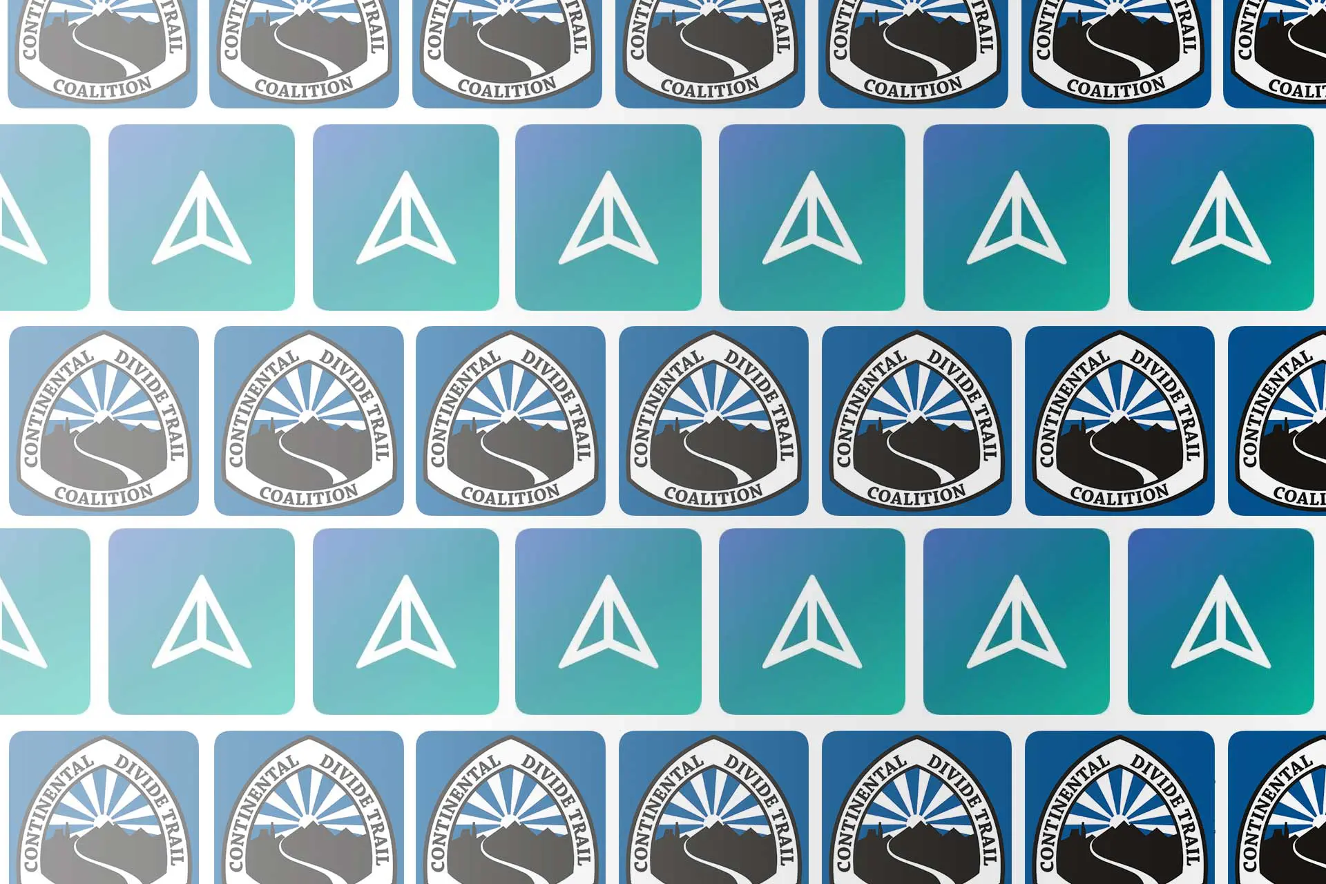A tiled pattern with two distinct logos: one depicts a black hand holding a torch encircled by Continental Directional Coalition, while the other features a minimalist white arrowhead on a blue and green gradient, reminiscent of an atlas guiding ones journey.