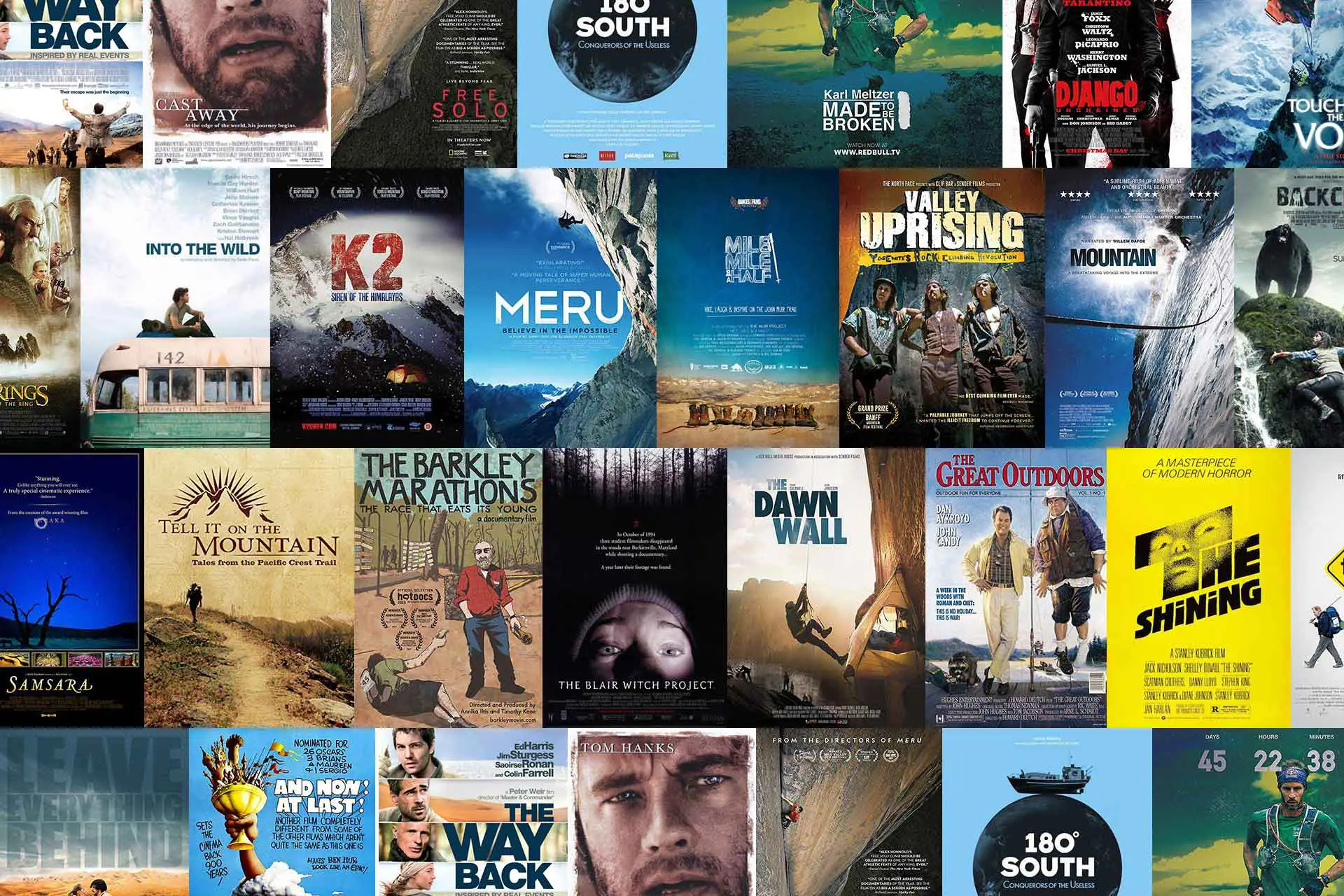 A collage of PCT movies posters features titles related to adventure, survival, and the outdoors. Scenes showcase mountains, climbers, and dramatic landscapes, vividly capturing themes of exploration and nature.