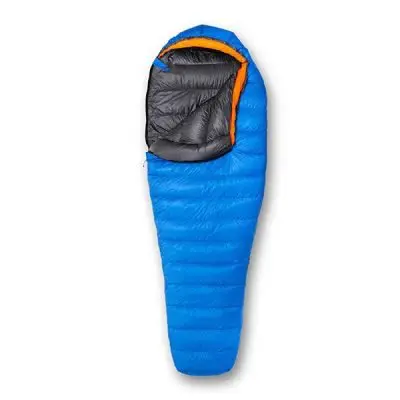 A blue mummy-style sleeping bag, perfect for John Muir Trail gear, features a partially open zipper that reveals its orange and black lining. Designed specifically for outdoor camping adventures.