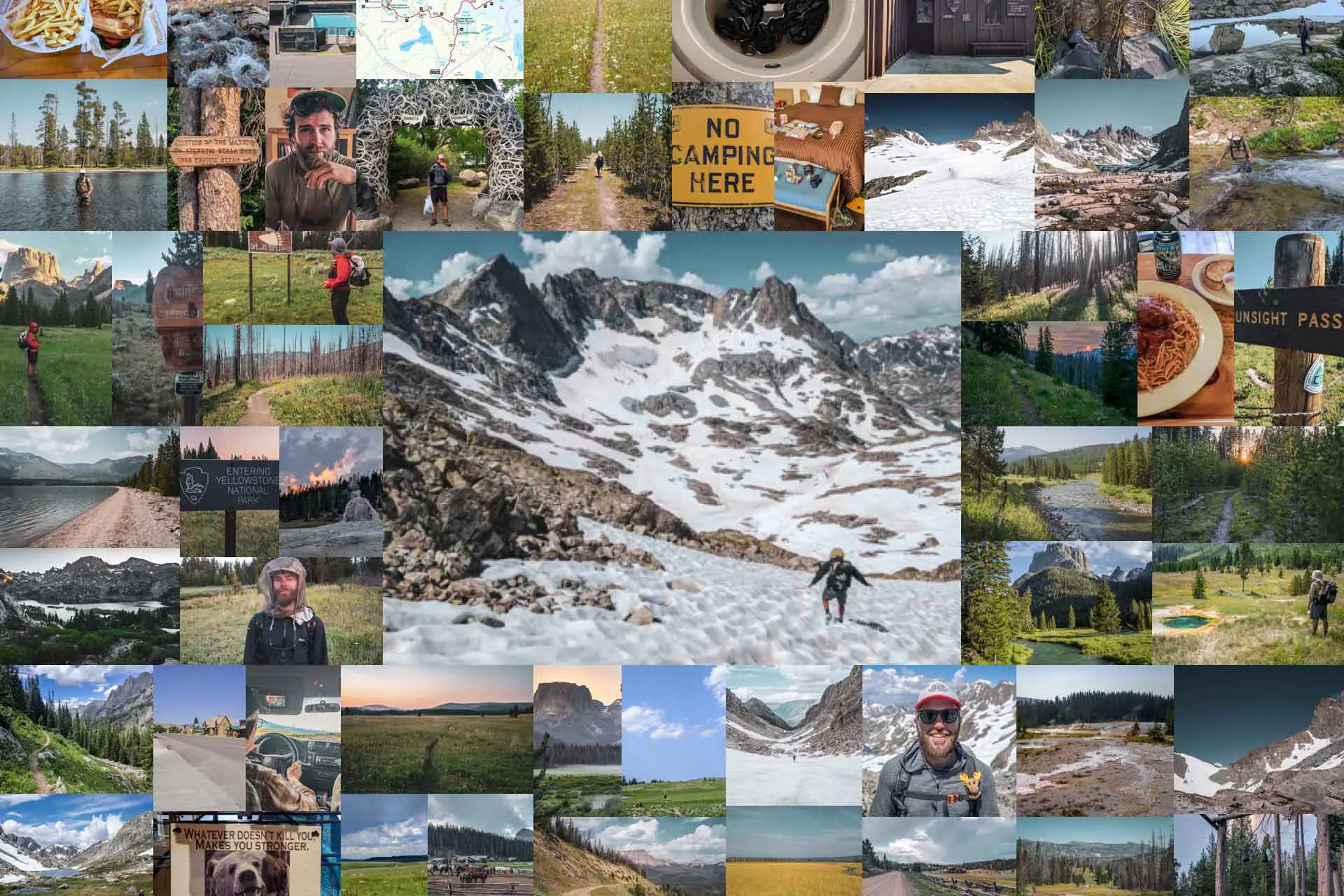 Collage of outdoor adventure images from CDT Week 14, featuring mountains, hiking trails, lakes, and campsites. Central image shows a person climbing a snowy mountain. Other photos include signs, food, scenic landscapes, and various people exploring nature.