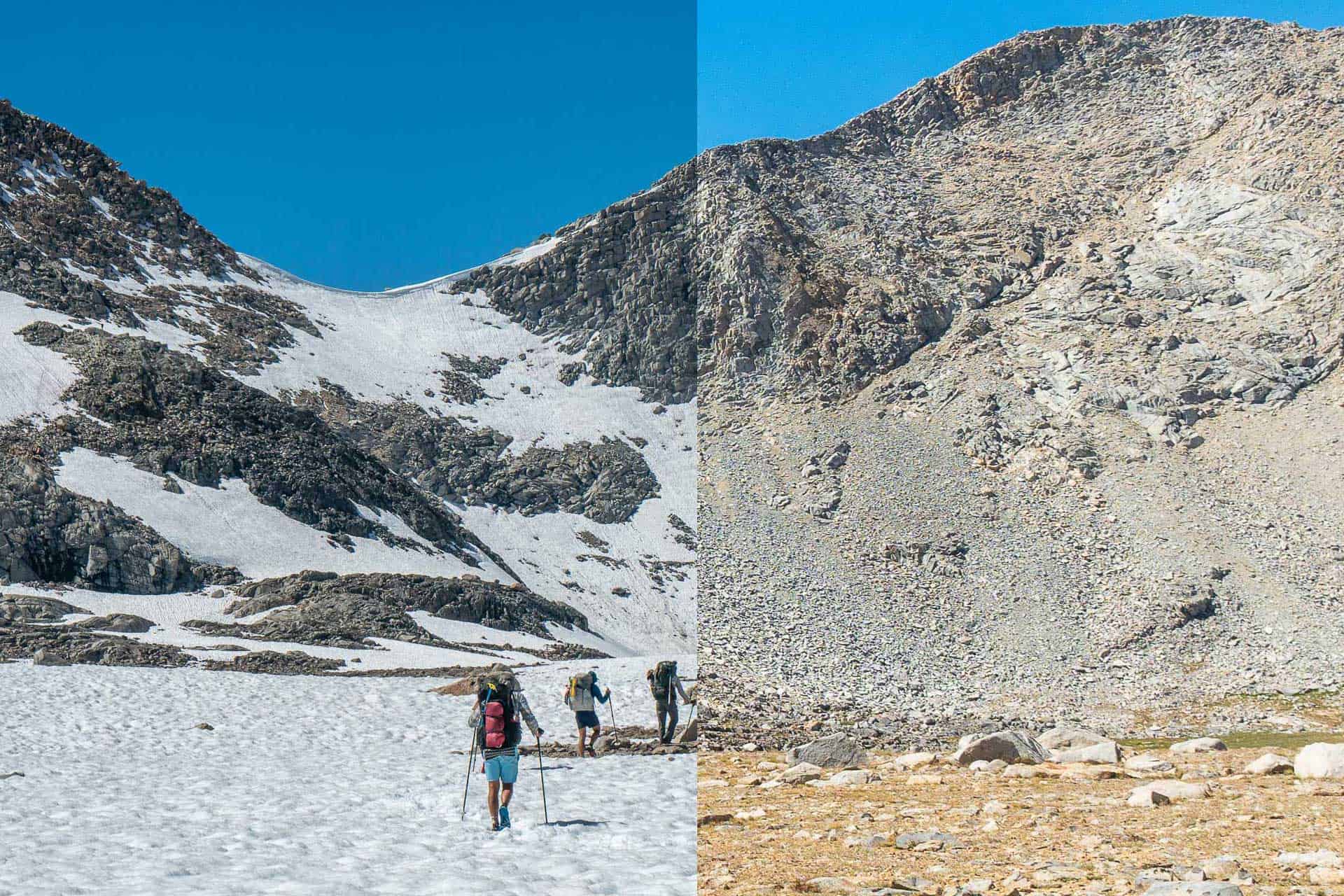 Hikers traverse a snow-covered mountain slope on the left, while Mather Pass reveals a rocky, barren landscape on the right under a clear blue sky.