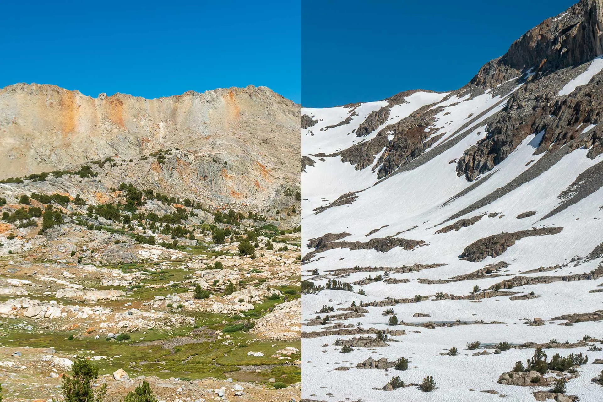 Split image showcasing two scenes: on the left, a rocky mountain landscape near Pinchot Pass with sparse greenery; on the right, a snow-covered mountainside under a clear blue sky.