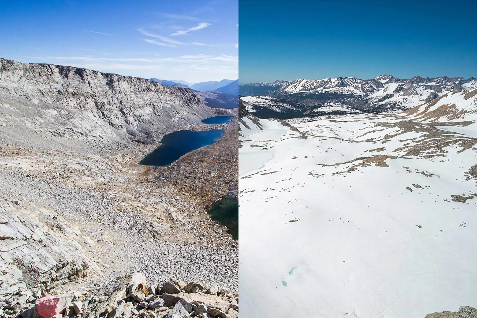 Split image: Left half reveals Forester Pass in a rocky, barren landscape with a serene blue lake under a pristine sky. Right half showcases snow-covered terrain with distant mountain peaks, all beneath the same clear blue sky.