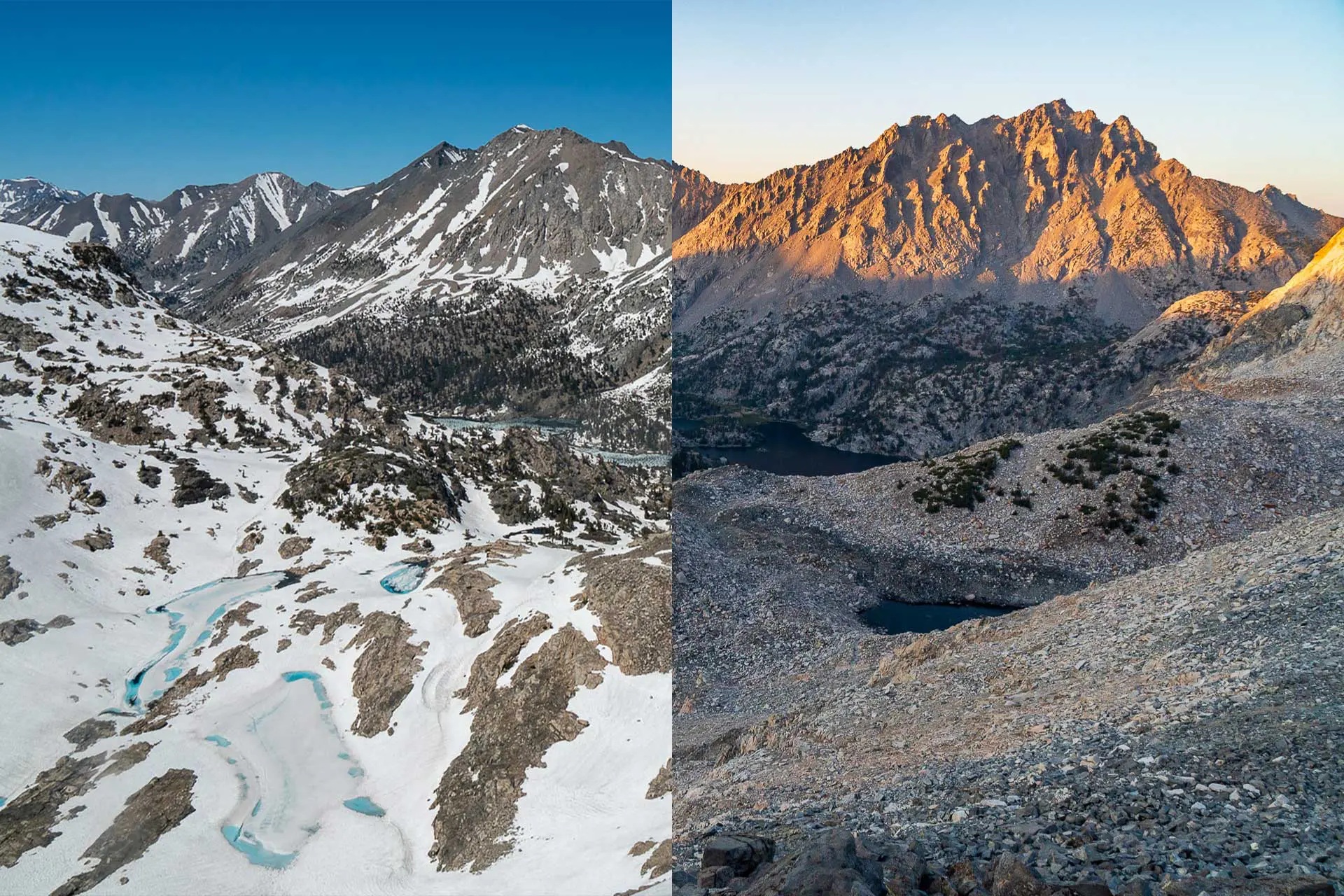 A split image captures Glen Pass in contrasting seasons: the left showcases snow-covered peaks and frozen streams, while the right reveals a snowless rocky terrain bathed in golden sunlight, highlighting the dramatic transformation of this mountainous landscape.
