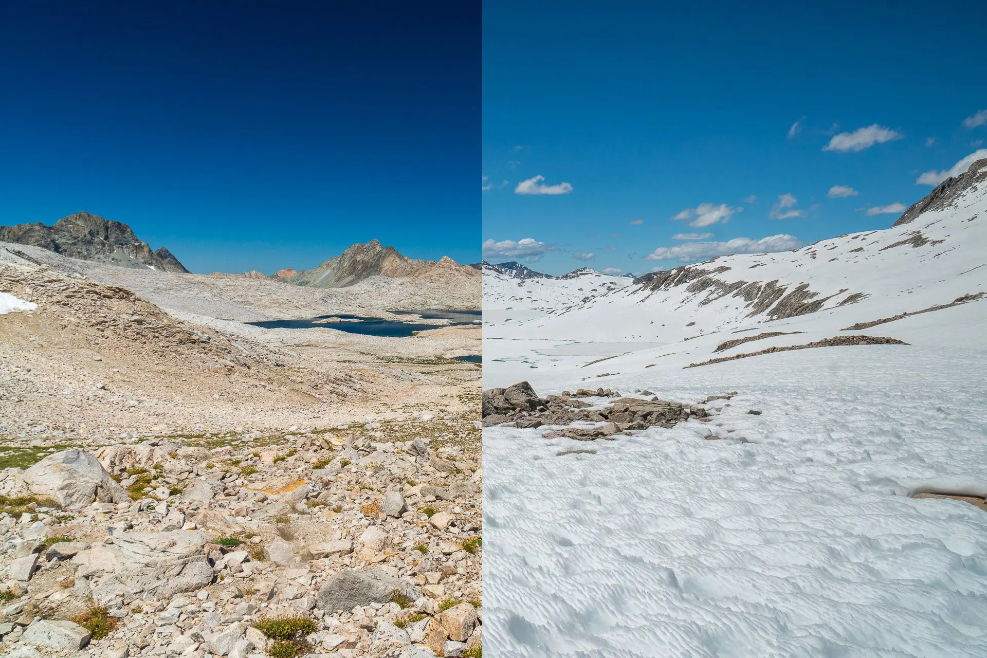 Split image: left side showcases a rocky, barren mountain landscape with a small lake under a blue sky. Right side reveals the snowy terrain of Muir Pass, with its iconic patches of rocks, all under the expansive blue sky.
