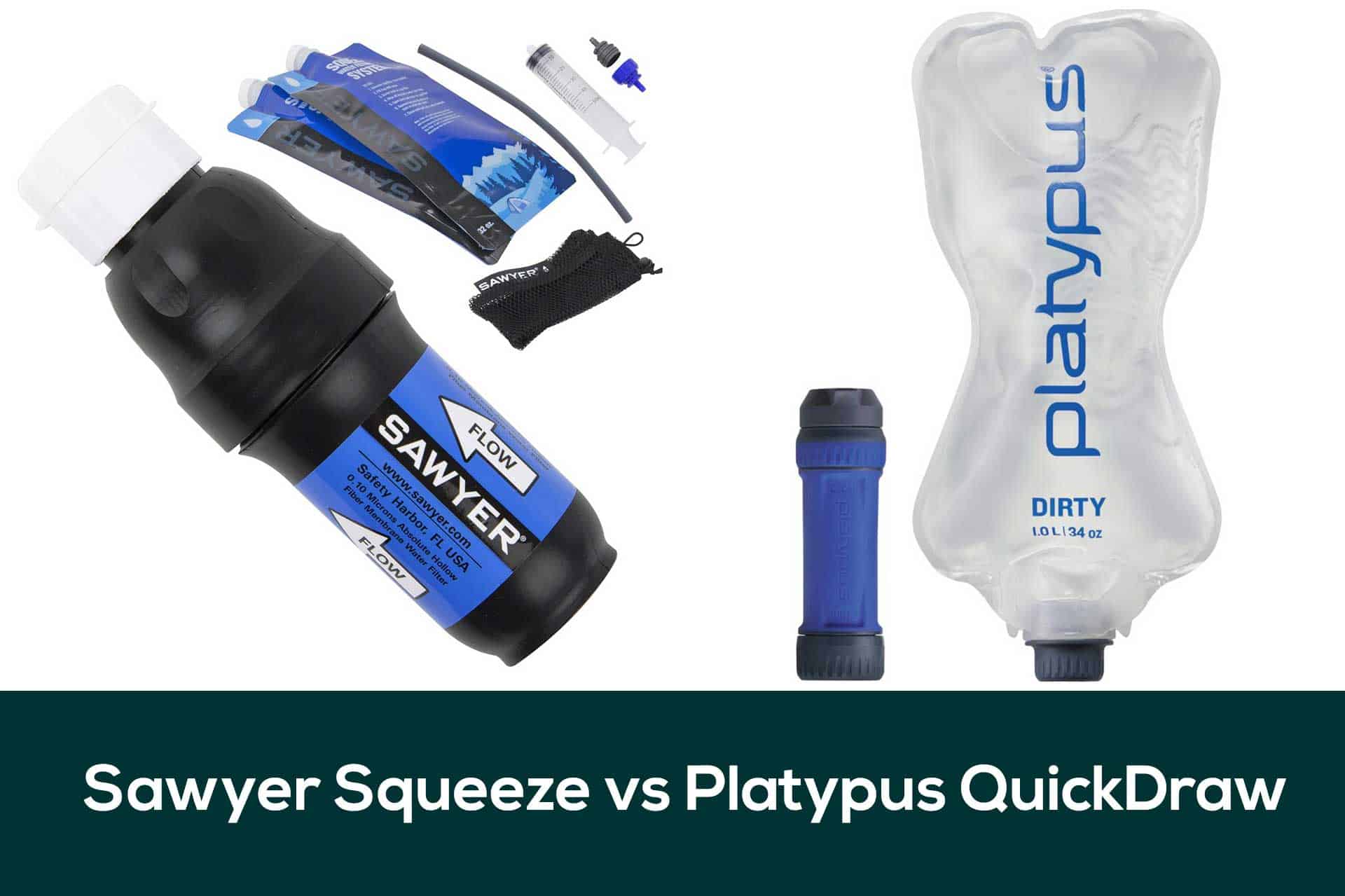 Image comparing Sawyer Squeeze vs Platypus QuickDraw water filtration systems. The Sawyer Squeeze includes a black and blue filter, squeeze pouches, and accessories. The Platypus QuickDraw boasts a clear reservoir bag with blue accents and a sleek blue filter.