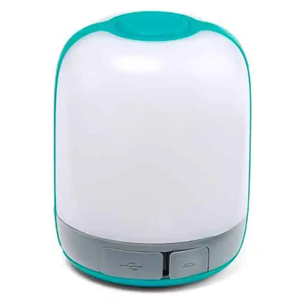 A small, cylindrical, teal and white LED lamp with a smooth surface. It has a USB charging port at the base and a power button, making it suitable for portable use.