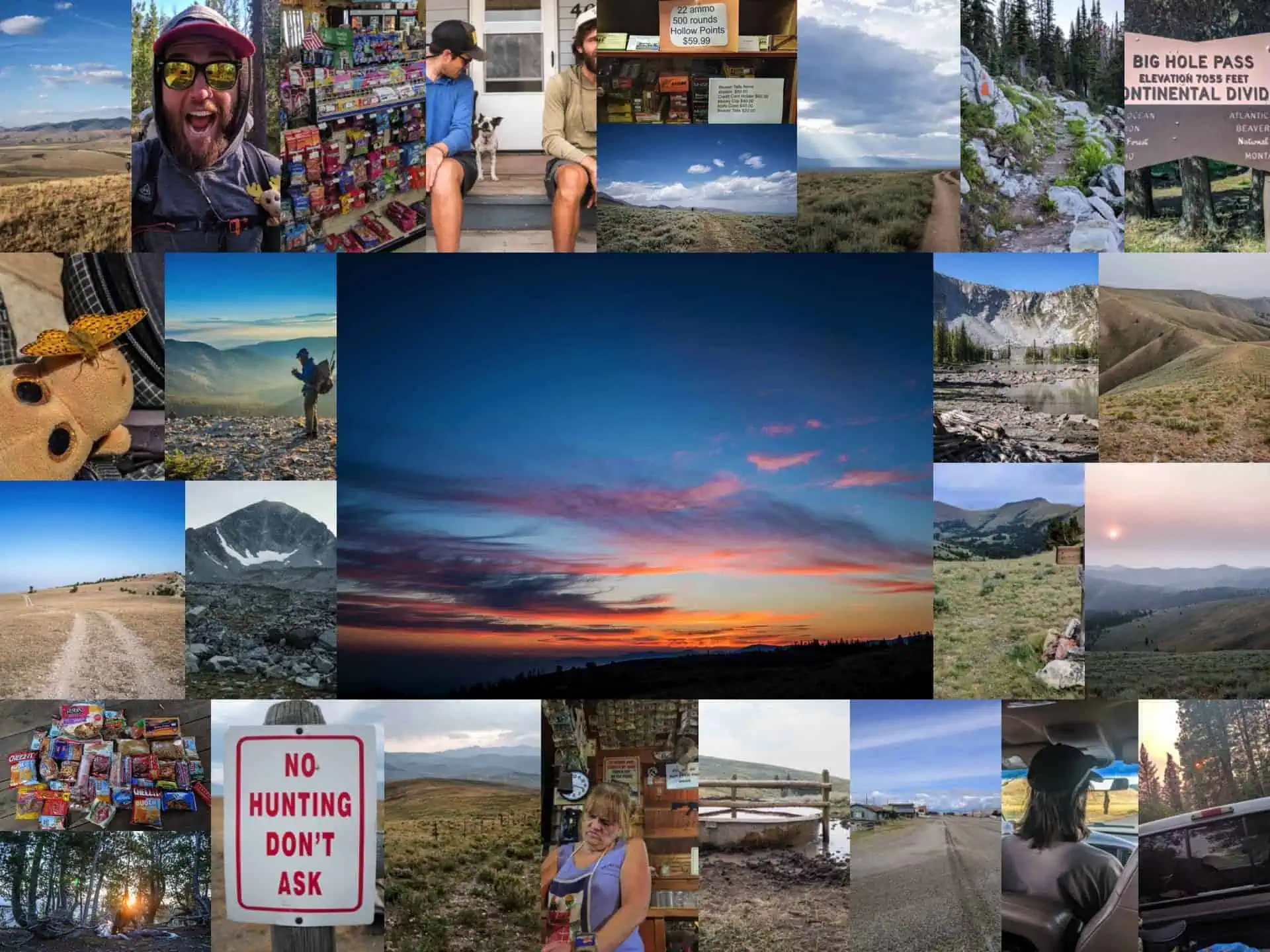 A collage of various outdoor scenes captures the spirit of CDT Week 16, featuring landscapes, trails, and nature. Includes hikers, a shop display, a scenic sunset, a sign saying No hunting dont ask, mountains, and other wilderness sights.