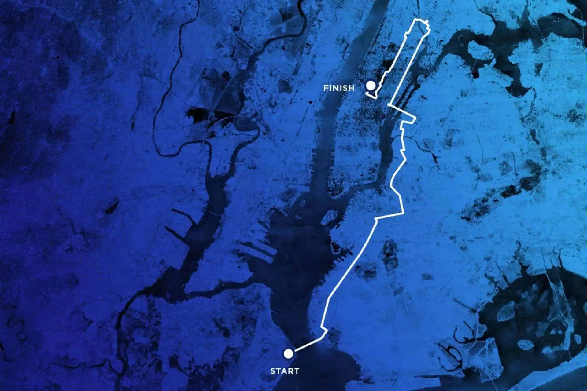 A map of New York City showcases the New York City Marathon route, a white line winding from the lower tip of Manhattan to its upper reaches. START and FINISH are clearly marked in white, set against a blue gradient background.