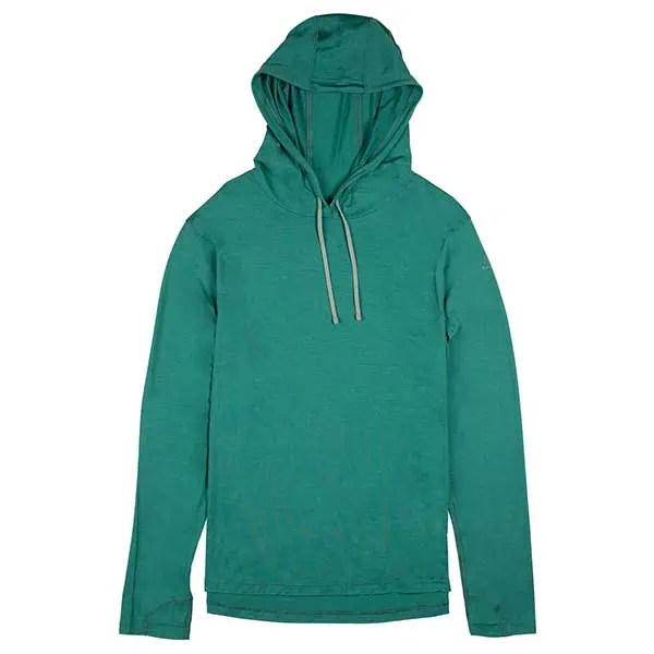 Green hooded sweatshirt with long sleeves and a drawstring to adjust the hood, perfect for a casual day or as part of your Hayduke Trail gear list. The fabric is soft and lightweight, making it an ideal addition to any adventure wardrobe.