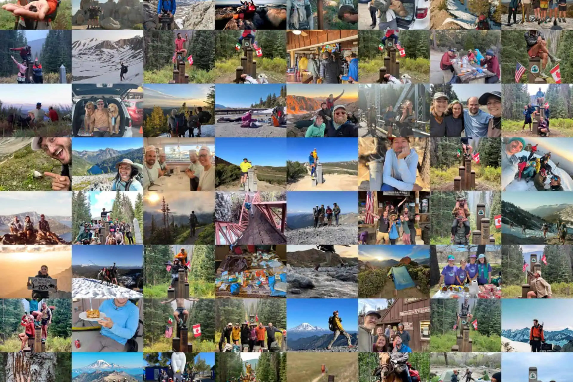A collage of diverse outdoor and travel photos showcasing the 2023 Pacific Crest Trail survey with various people hiking, biking, camping, posing with flags, and enjoying scenic landscapes, mountains, and lakes in different weather conditions.
